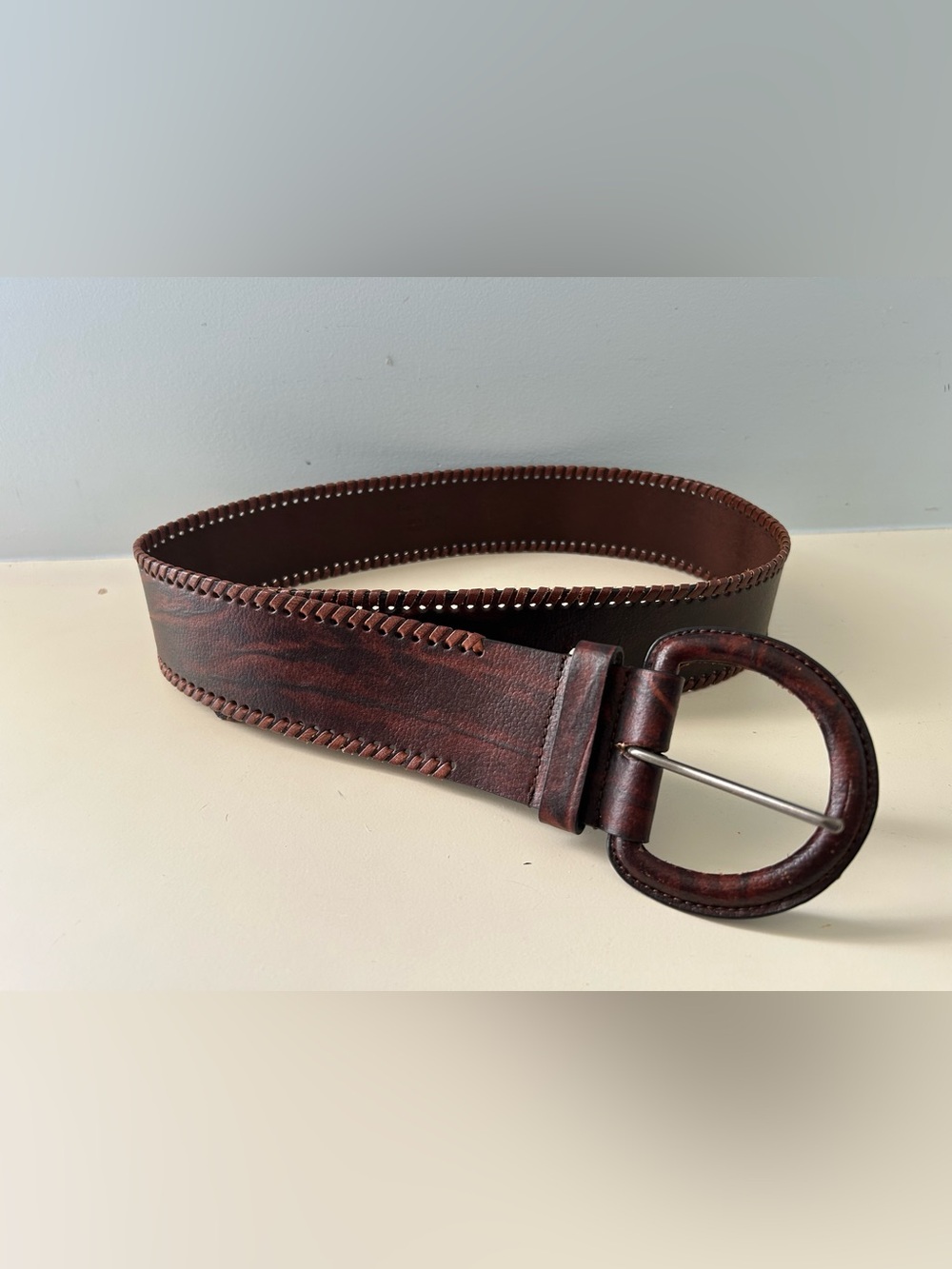 Lake Shore Drive Brown Leather Belt with Round Buckle